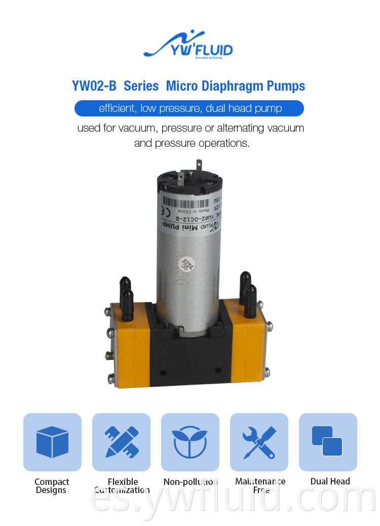 YW02-B-DC 12V 24V Mini Diafragma Bomba de doble cabeza Bomba de aire Bomba de aire 4.2L/min Bomba de agua 600 ml/min 0.1MPA 15PSI